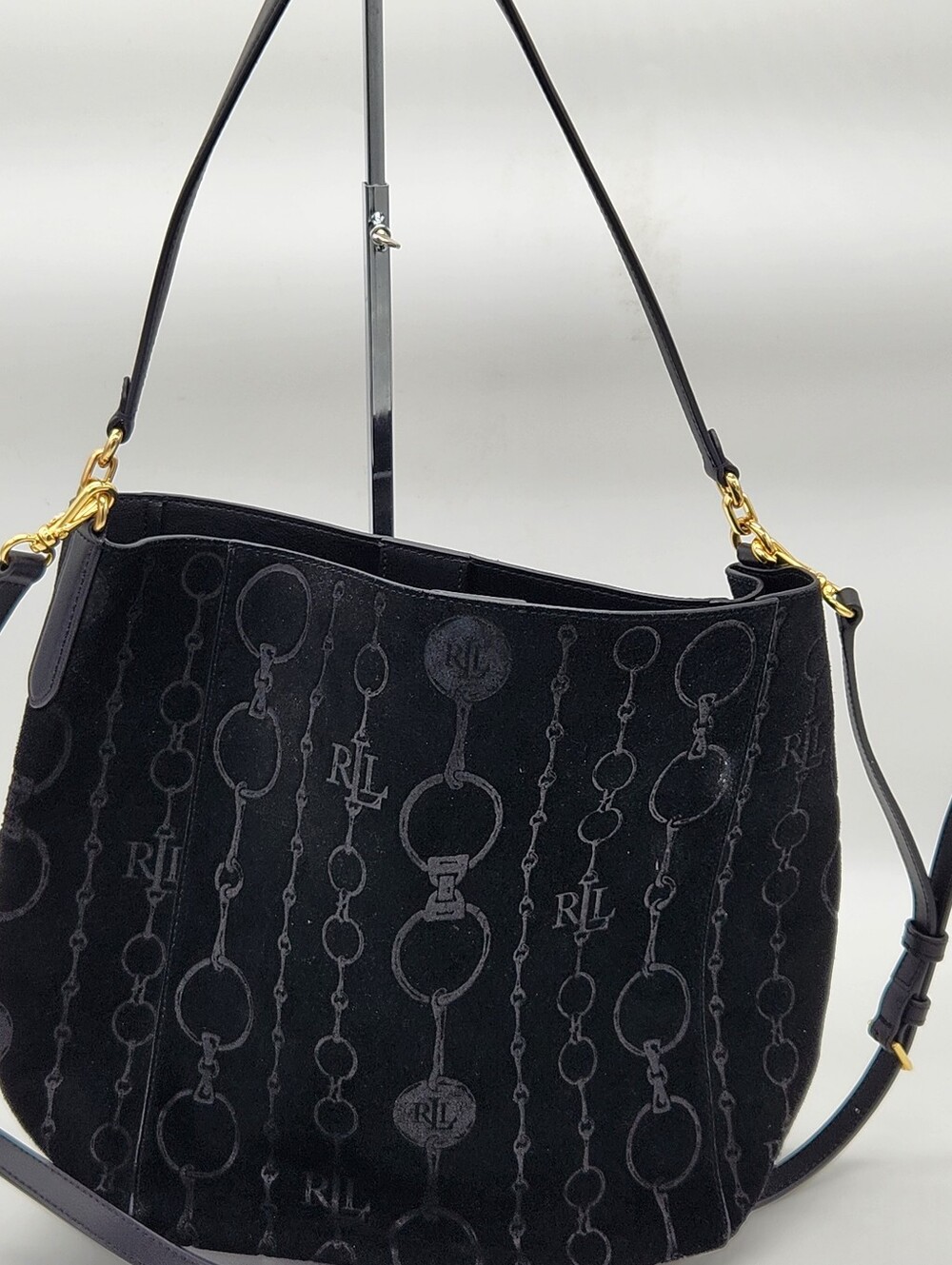 Lauren Ralph Lauren Black Suede Bit Print Bucket Shoulder Crossbody Bag Gold